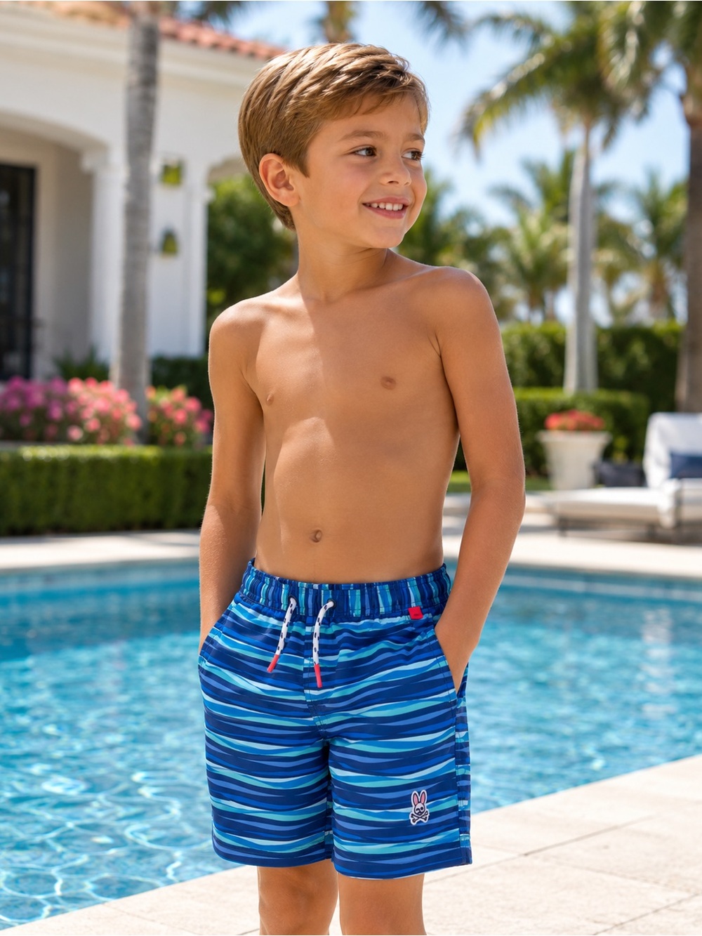 PSYCHO BUNNY Striped Blue Kids Swim Shorts 7/8 Boy